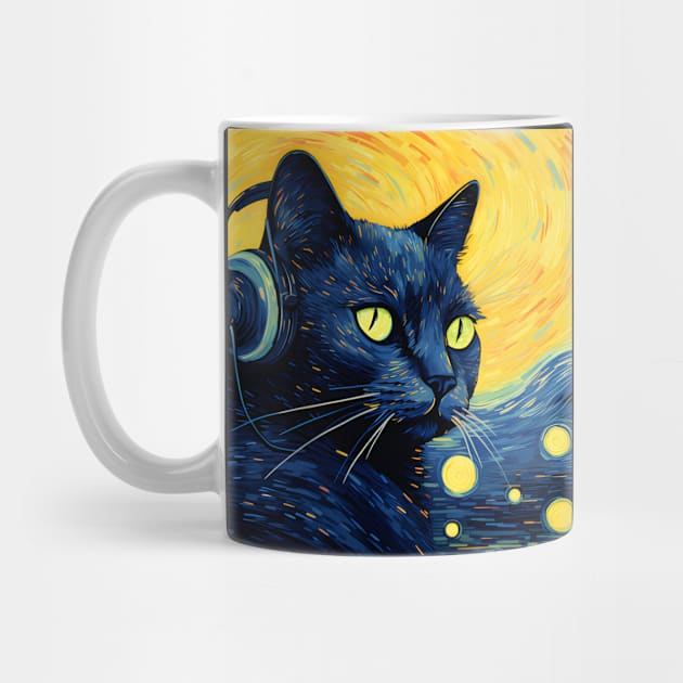 Starry Night Black Cat Wearing Headphones by VisionDesigner